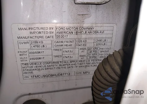 2017 Ford Escape Se z USA, uszkodzony, nr VIN 1FMCU9GD9HUD87713